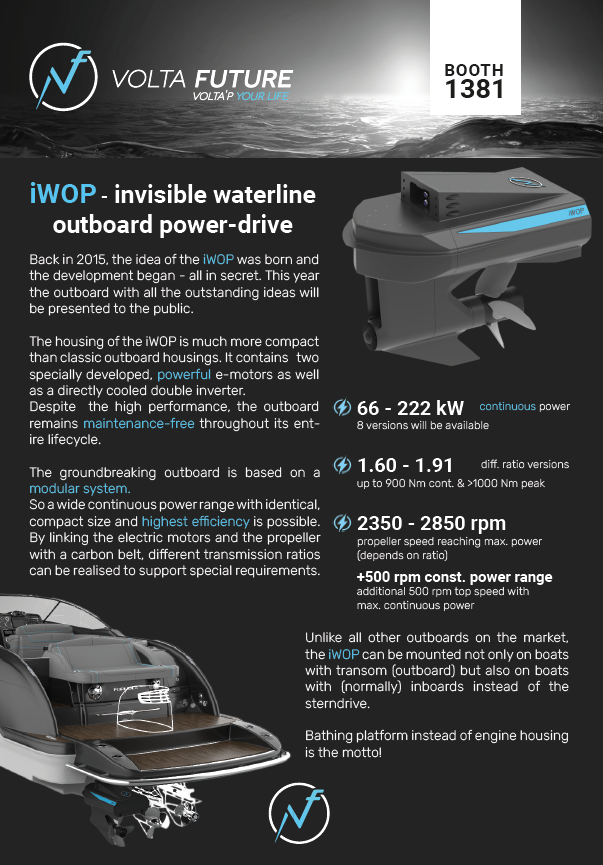 Contribution in the show guide for the Electric and Hybrid Marine Amsterdam. Shown is the iWOP and conventional drives.